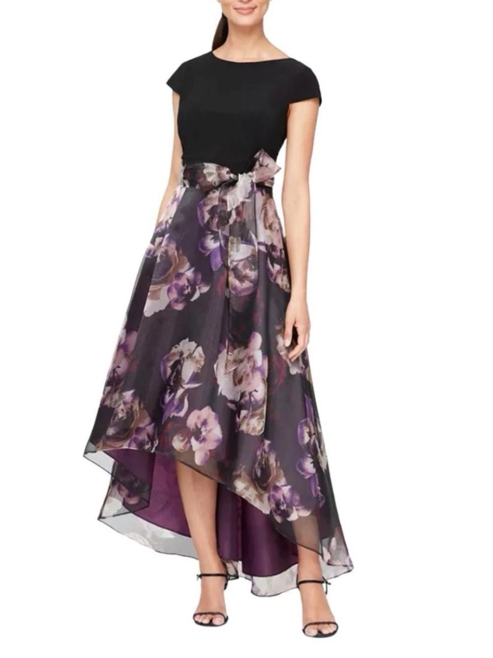 SLNY | Black purple high-low floral organza bow maxi dress | Size 18